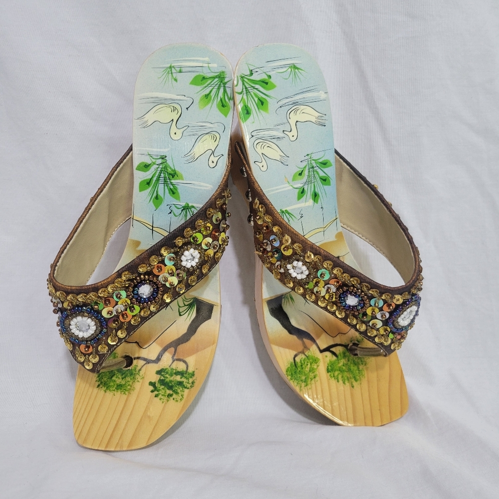 Vintage Y2K Bamboo Wooden Wedge Sandals Boho Sequin Painted Size 7 - Picture 10 of 13
